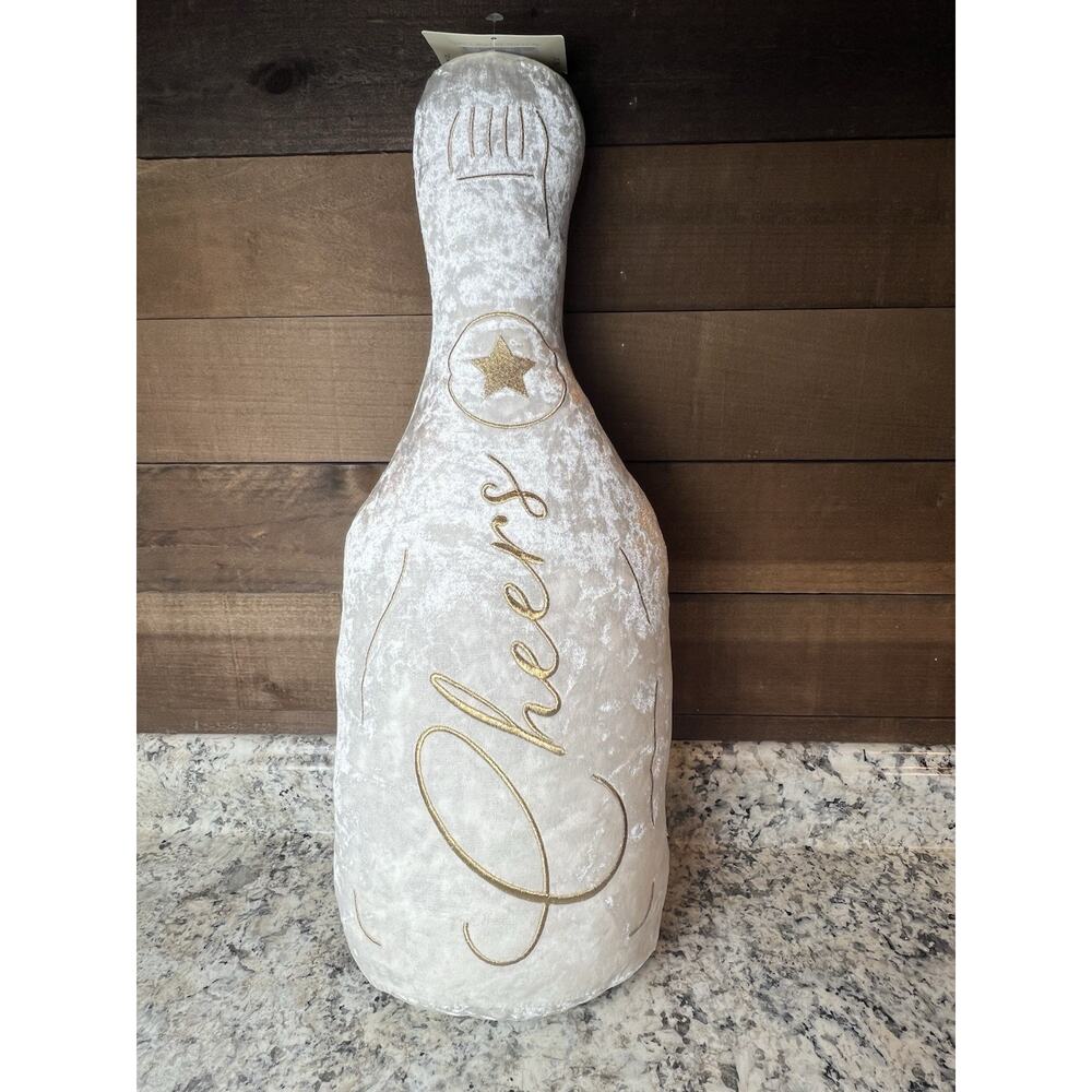 NWT Glitz and Glam Cheers Champagne Bottle Plush Pillow, Gold & White